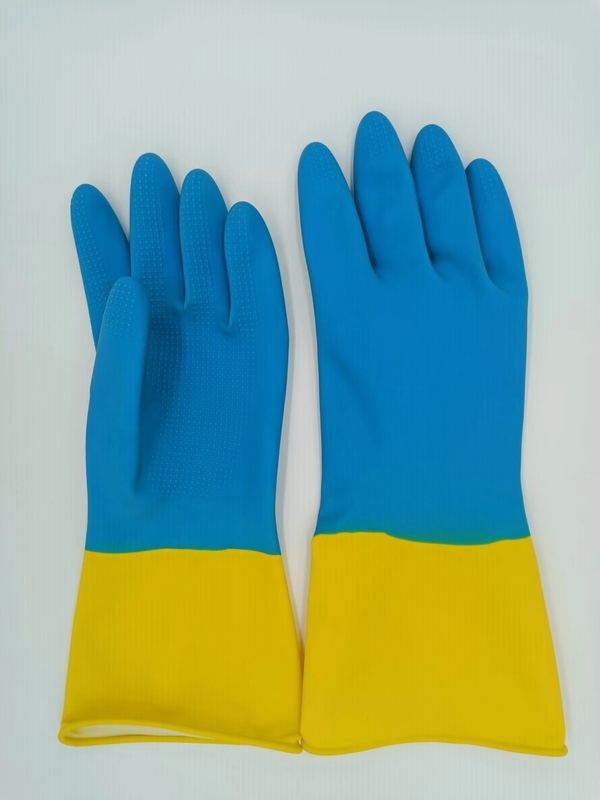 La casa bicolore industriale del guanto del lattice giallo blu si è affollata la resistenza chimica